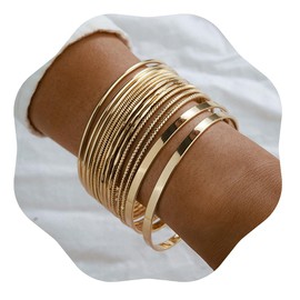Xerling 14Pcs Golden Boho Indian Multi Bangle Bracelet Set Punk Chunky Stackable Textured Bracelets for Women Layered Cable Smooth Bracelets