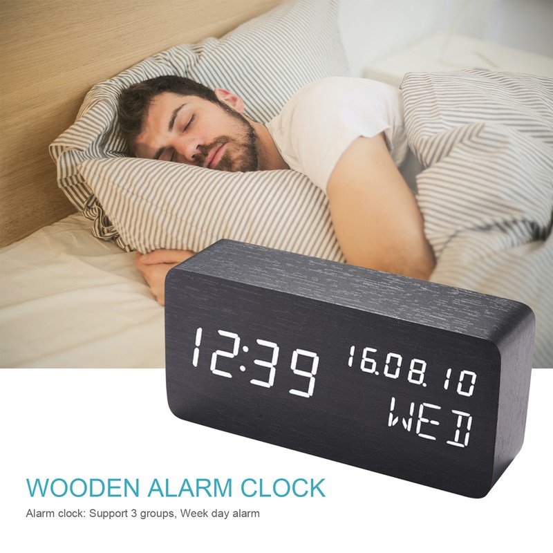 Desk Wooden Alarm Clock with Voice Control Date Temperature Adjustable