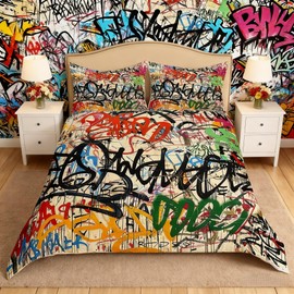 Manfei Graffiti Duvet Cover Set Street Art Hip Hop Bedding Set 3pcs for Kids Boys Girls Modern Fashion Design Comforter Cover Microfiber Bedspread Cover with 2 Pillow Cases(No Comforter) Full Size