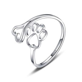 Caiyao Paw Print Love Heart Ring - Adjustable Size 5-9, Platinum Plated, Paw Ring Color - Perfect Pet Memorial/Gift