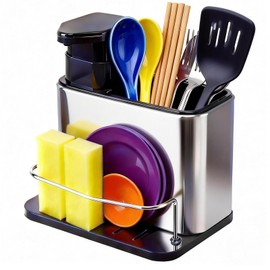 Dispensador de Jabón Cocina 3 en 1 con Porta Esponja y Soporte para Cepillo, Organizador de Fregadero y Tarja de Acero Inoxidable, Jabonera para Trastes con Bandeja de Drenaje, Antioxidable, 300ml