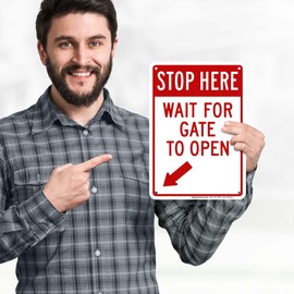 Stop Here Wait For Gate To Open With Left Bottom Arrow Sign, 10x7 Inches, Rust Free .040 Aluminum, Fade Resistant, Made in USA by My Sign Center