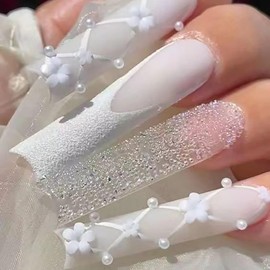 Press on Coffin Nails Long Length Glossy Full Cover Acrylic Extra Long Square False Nails with Designs Artificial Ballerina Square Fake Nails with Charm Glue ons Nails Fingernails for Women(SGCY209)