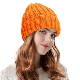 ZOORON 1&2 Winter Beanie for Women Soft Warm Slouchy Knit Hat Ski Stocking Cuffed Cap Orange