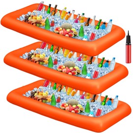 Leitee 3 Pcs Inflatable Serving Bar Ice Buffet Serving Tray Drink Cooler with Drain Plug Inflatable Pool Bar for Party Food Drink Holders with a Hand Pump 51 x 24 x 4.7 Inch(Orange)