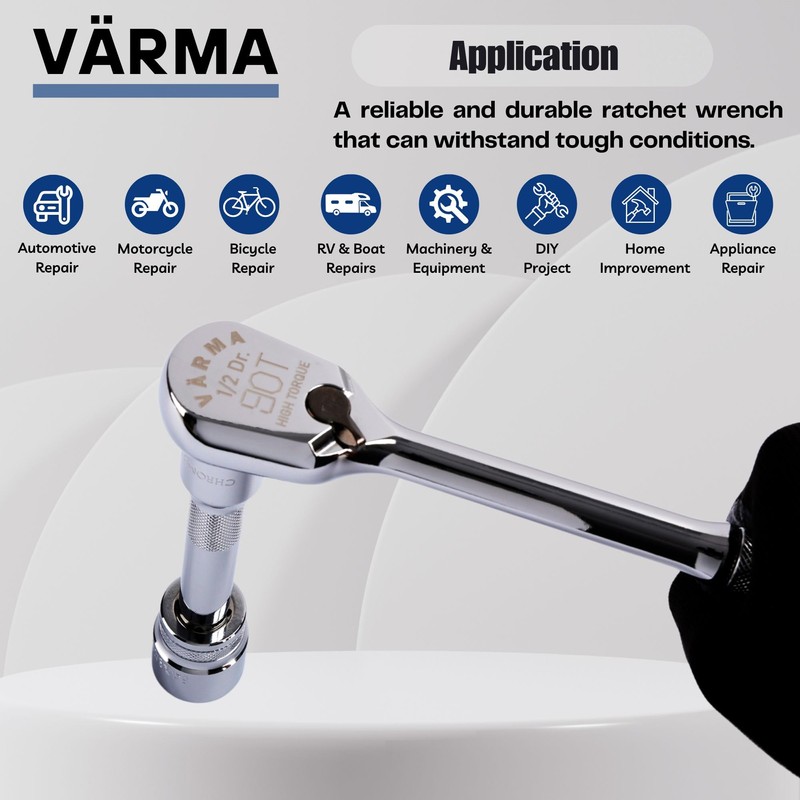 VÄRMA 3/8-inch Drive 90-Tooth Sealed Head Ratchet | Reversible Compact