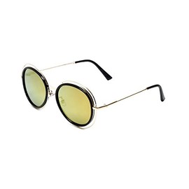 Calabria Trendies The Kaitlyn, Flat Fashion Sunglasses with Mirrored Lens, Gold/Black with Amber Tint/Orange Mirror lens