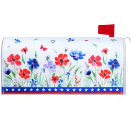 4th of July Patriotic Magnetic Mailbox Covers Standard Size 21”x18”, Independence Day Poppy Flower Magnetic Post Covers, Memorial Day Red and Blue Floral Mailbox Warp for Garden Yard Décor