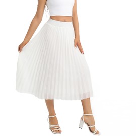TEERFU Women's Casual High Waist A Line Pleated Midi Swing Skirt Stretch Waist White M