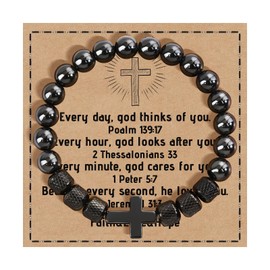 FANCIBAND Men's / Boys' Pearl Bracelet Cross 8 mm Black Obsidian Beads Bracelets Gift for Son Grandson Dad Grandfather Friend Husband Brother Churches Prayers Communion, Stainless Steel, Agate