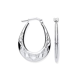 Sterling Silver Diamond Cut Patterned Oval Creole Hoop Earrings