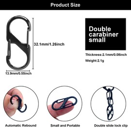 Pack of 40 Small Carabiner Hooks, 32 mm S Carabiner, Metal Double Carabiner, Mini Carabiner Hook with Box, Key Ring, Small Carabiner, 2 Openings, Outdoor, Camping, Home, Hiking, Black