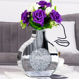 BLINGWORLD Flower Vase Mirror Finish Vases for Decor, Crystal Decorative Vase for Flower Circle Donut Crushed Diamond Home Decoration Tabletop, Silver 9 inches Tall, Can’t Hold Water