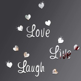 Love Live Laugh Wall Stickers Decals Silver Heart Mirror Wall Decor for Bedroom Living Room DIY Decoration