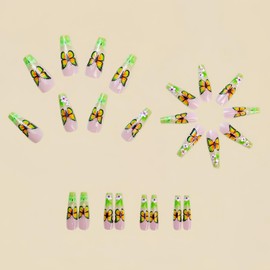 Butterfly Press on Nails Long Square Fake Nails with Design Gradient Green Glue on Nails Colorful Butterfly False Nails Glossy Nude Pink Reusable Spring Nails for Women Girls Manicure 24pcs