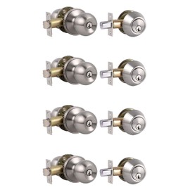 Probrico Keyed Alike Entry Knob and Deadbolt Set Single Cylinder Handleset Combo Pack Satin Nickel for Entrance Exterior Gate and Front Door, 4 Sets