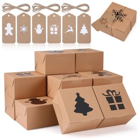 Zhanmai 50 Set Christmas Cookie Boxes with Window 4 x 4 x 2.5 Inches Brown Kraft Treat Boxes Small Xmas Bakery Cupcake Boxes Square Holiday Gift Box for Xmas Party Favor Pastries, Brownies, Donuts