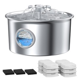 Cat Water Fountain Stainless Steel: Pet Drinking Fountains with 6 Filters & 3 Sponges - 88oz/2.6L Water Fountain for Cats Inside with Flower - IHOUONE Kitty Spout Dog Dispenser Animal Supplies