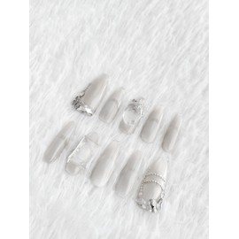 Generic Press on nail Fashion Frech Style Full Cover Thick False Nails with Jelly Sticker and Glue. 10Pcs/Box, Easy to wear and remove (Sprinkle Opal Diamond Silver, small)