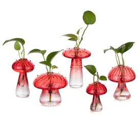 Glasseam Mushroom Plant Propagation Stations: Red Glass Terrarium Jar Set of 5 Cute Planters for Indoor Plants Decorative Propagate Station Unique Christmas Birthday Gifts for Women Home Office Decor