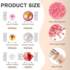Beadthoven 60G 4-8mm Pink Red Mix Pearls and Rhinestones, Mix Flatback Half Round Pearls for Nail Decorations Resin Rhinestones Rose Flower Cabochons Half Pearls for Crafts Shoes Bedazzling Makeup