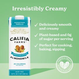 Califia Farms - Unsweetened Vanilla Almond Milk, 32 Oz (Pack of 6), Dairy Free, Vegan, Plant Based, Keto, Shelf Stable, Vegan, Gluten Free, Non GMO, Sugar Free, High Calcium, Smoothie
