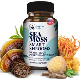 HAPPY FOX Irish Sea Moss Capsules & Mushroom Complex - Organic Seamoss with Adaptogens for Brain Health, 1500mg, 90 Vegan Capsules, Organic Mushroom Supplement