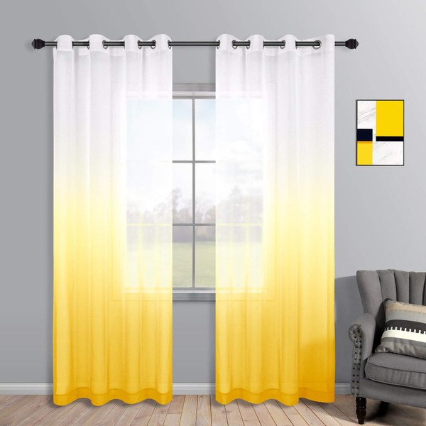 Yellow Curtains 84 Inch Length 2 Panels for Living Room Decor Grommet Window Ombre Sheer Yellow Spring Curtains for Bedroom Dining Room 52x84 Inches Long