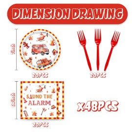 48Pcs Firetruck Birthday Decorations Fire Truck Party Supplies with Forks Plates and Napkins Serve 16 Firefighter Birthday Party Decorations