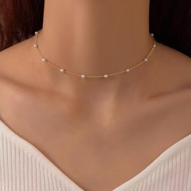 Gold Pearl Necklace for Women, 14K Gold Plated Pearl Necklaces for Women Trendy Simple Pearl Choker Necklace Dainty Pearl Necklaces for Women Girls Gold Jewelry Gifts