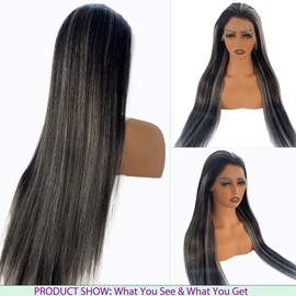 Belaved Wigs Human Hair for Women Ombre Black to Grey Long Straight 13x4 Hd Lace Front Human Hair Wig Pre Plucked Pre Cut 26 Inch 180% Density Transparent Glueless Black Mix Silver with Baby Hair
