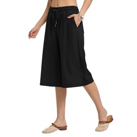 AVICHIC Linen Capri Pants for Women Elastic Waist with Drawstrings Casual Wide Leg Linen Pants Women with Pockets Black L
