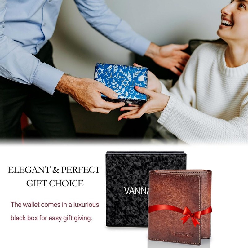 VANNANBA Men's Leather Trifold Wallet with Folded ID Windows,12 Card