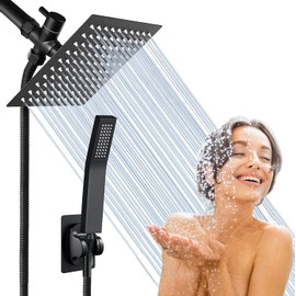 Shower Head with handheld, High Pressure 8'' Rain Shower Head/Brass Handheld Shower Combo,with 78'' Hose Anti-leak Shower Head with Adhesive Shower Head Holder (Square, Black)