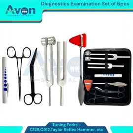 Neuro Diagnostics Examination Kit with Tuning Forks (128Hz & 512Hz) Taylor Reflex Hammer, Black 5.5" Lister Bandage Scissors, Black 5.5" Hemostats, Straight (6pcs Kit)