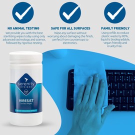 Antibacterial Surface Cleaning Wipes - Viresist 10 Day Residual Protection - Sanitising Surface Wipes for all Hard Surfaces- Made in UK - Refillable Tub of 150 Large Strong Wet Wipes - Tub Pack of 1