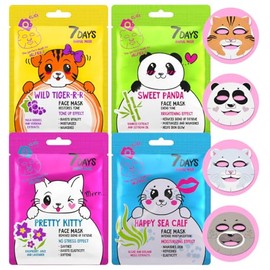 7Days Cloth Masks Face Set Animal with Moisturising and Anti-Wrinkle Effect Natural Extracts and Vitamins Beauty Face Mask Women Men Girls for Korean Skincare Pack of 4