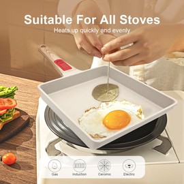 AIKENBBKK Japanese Omelette Pan Nonstick, Large Tamagoyaki Pan Egg Roll Pan with Detachable Handle, Oven& Dishwasher Safe, 9” x 8” (White)