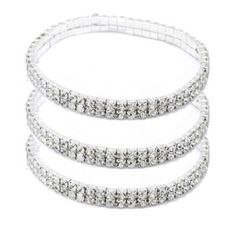 Women Rhinestone Stretch Ankle Bracelet Silver Sparking Tennis Bracelet Crystal Anklet Foot Chain Jewelry (2 Row - 3pcs)
