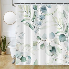 Uiiooazy Green Leaves Shower Curtain, Eucalyptus Leaf Plants Pattern, Bathtub Curtains, Anti-Mould, Waterproof, Polyester Fabric, Washable, Bathroom Curtain with 12 Hooks, 180 x 180 cm