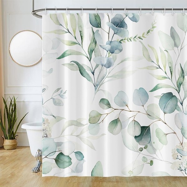Uiiooazy Green Leaves Shower Curtain, Eucalyptus Leaf Plants Pattern, Bathtub