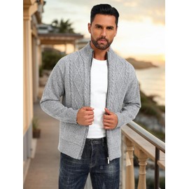 Les umes Men's Cardigan Stand-Up Collar Autumn Winter Fleece Jacket with Zip Regular Fit Knitted Cardigan, lightgrey