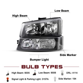 JSBOYAT 4 PCS Headlight Assembly for 2003-2006 Chevy Silverado 1500 2500 3500 HD Avalanche with Bumper Lights Black Housing with Clear Reflector with Bulbs