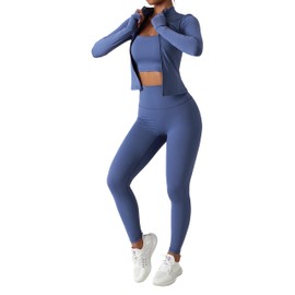 Yknktstc Womens Two Piece Tracksuit Set Long Sleeve Zipper Jacket with Athletic High Waist Leggings Workout Outfit, Blue, Large