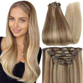 Full Shine Clip in Hair Extensions Remy Human Hair for Women Balayage Ombre Color 10/16/16 Bronze Balayage 22 Inch 105 Grams Silky Straight Clip in Extensions