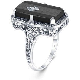 SZJINAO Women Sterling Silver Ring Rectangular Agate Onyx Gemstone Art Deco Engagement Wedding Jewellery Christmas New Year (Black, 8)