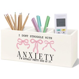 Yhtrg Mental Health Gifts Wooden Pen Pencil Holder for Desk, Anti Anxiety Gifts, Coquette Pink Bow Anxiety Mental Health Wood Makeup Brush Toothbrush Holder Organizer for Vanity Bathroom