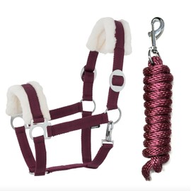 Faux Fur Halter Lead Rope Set with Carabiner Hook Adjustable Horse Halter Horse Wooden Horse Tie Rope (Faux Fur Snap Hook Burgundy, Pony)