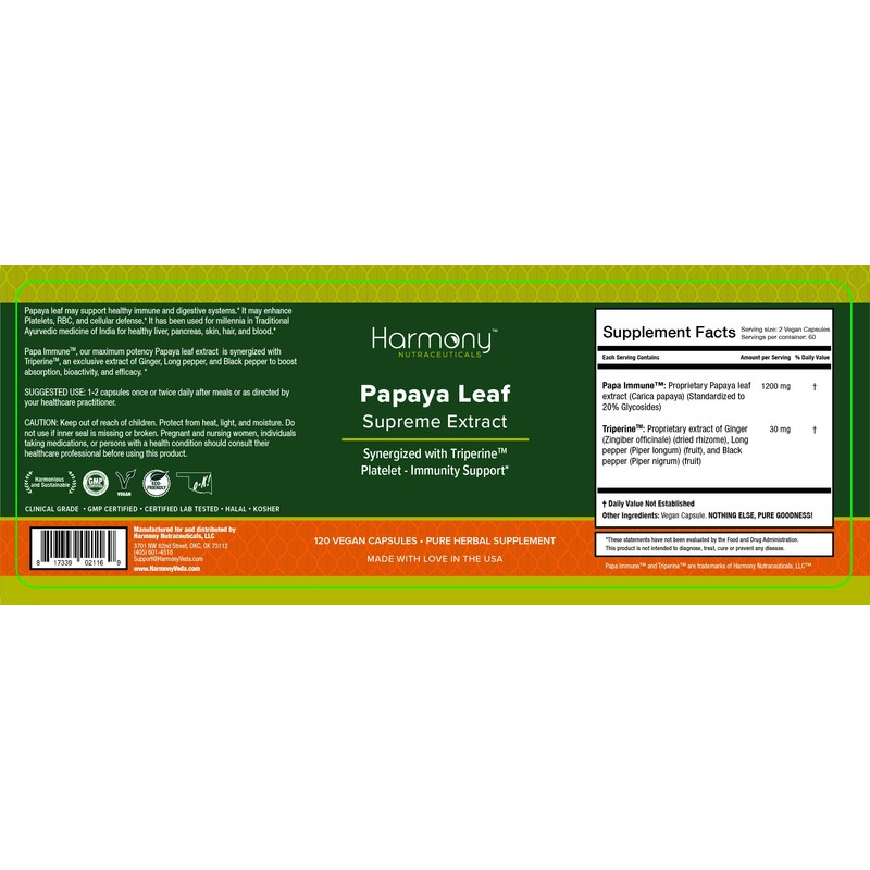 Harmony Nutraceuticals Papaya Leaf Supreme Extract Highest Potency Maximum Bioactivity