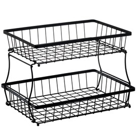 HOSY 2 Tier Steel Basket, Standing Storage Rack Ideas for Fruits, Vegetables, Bread, etc. (17-inch)